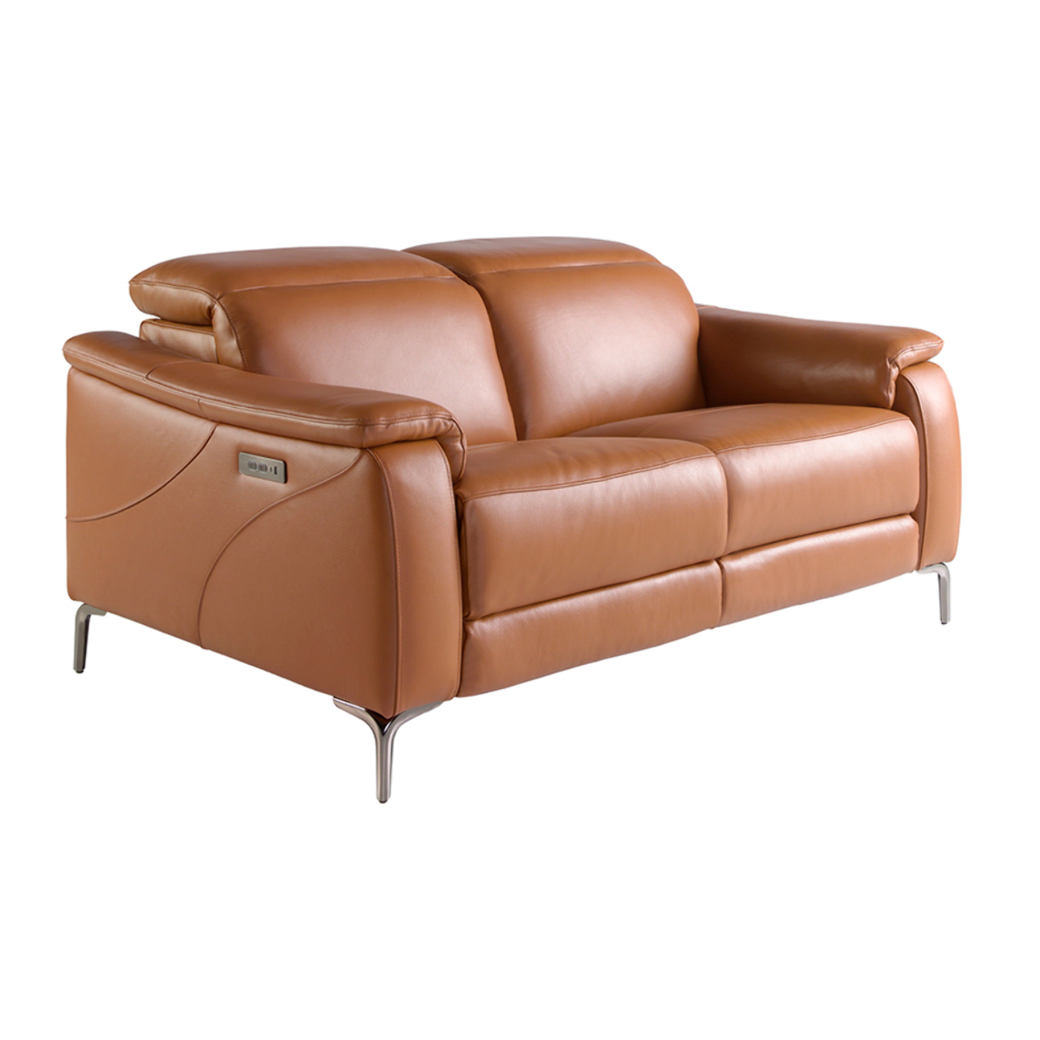 Sofá relax de 2 plazas tapizado en piel de origen vacuno en marrón con reposacabezas patas de acero inoxidable cromado oscuro 2 sistemas de relax eléctrico 154x108x77cm