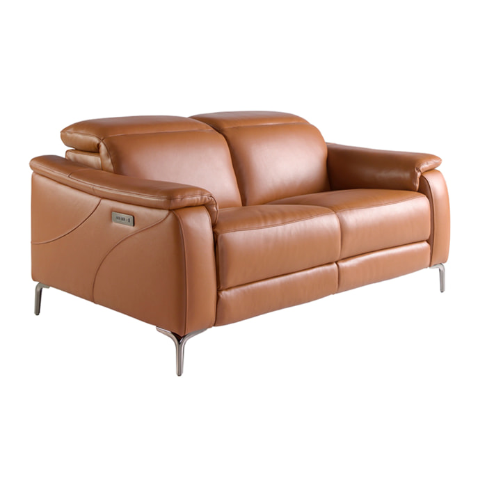 Sofá relax de 2 plazas tapizado en piel de origen vacuno en marrón con reposacabezas patas de acero inoxidable cromado oscuro 2 sistemas de relax eléctrico 154x108x77cm
