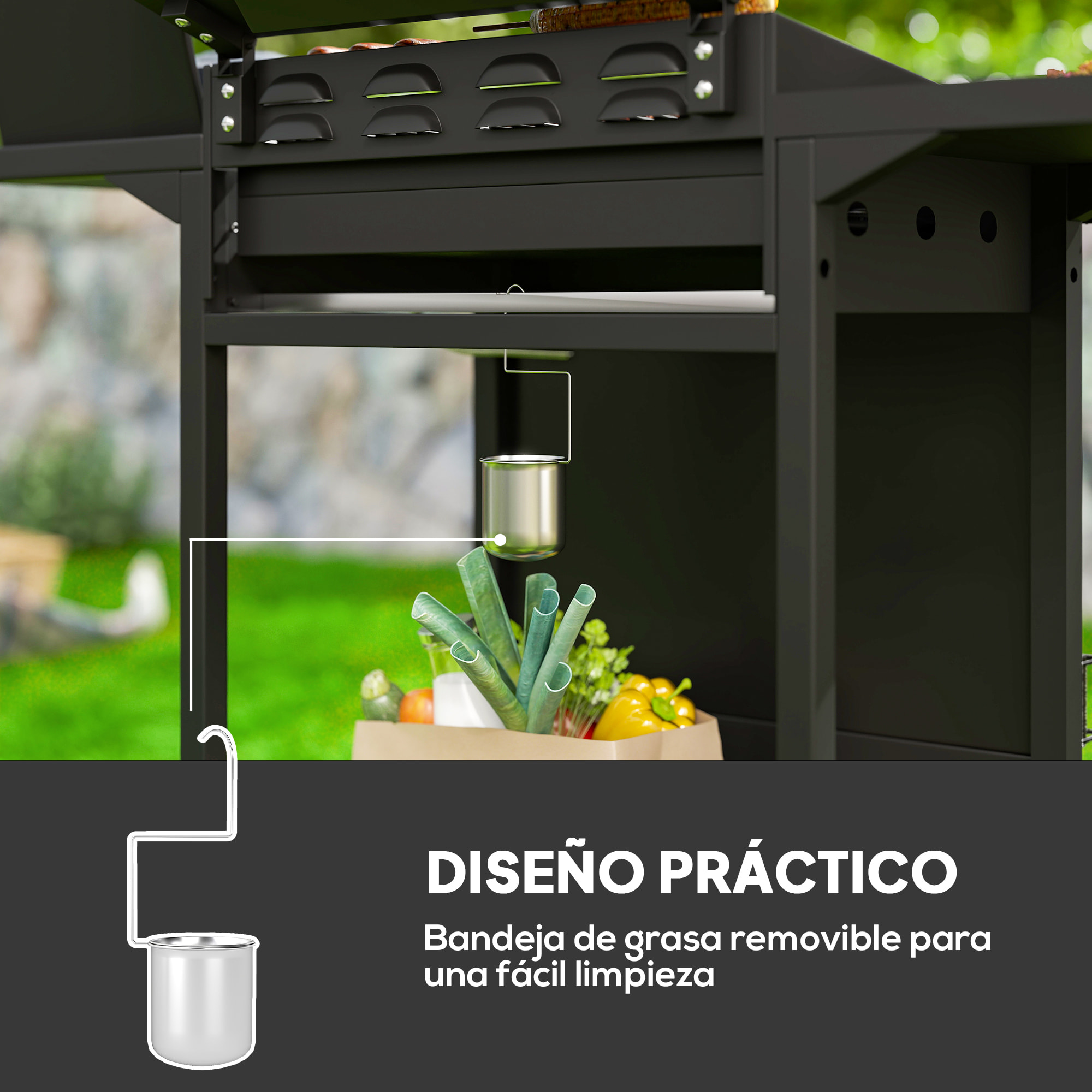 Outsunny Barbacoa de Gas BBQ Gas con 3+1 Quemadores 8,5 kW Barbacoa Portátil con Mesa Lateral Parrilla Termómetro 2 Ruedas Recogedor de Grasa para Exterior Jardín Camping Negro