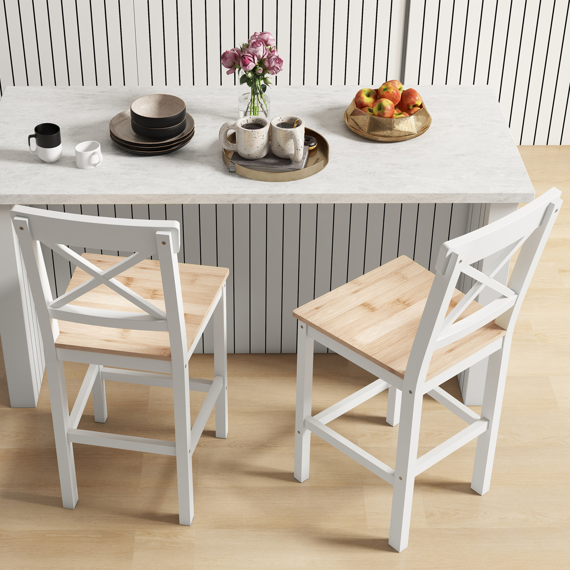 Conjunto de 2 Taburetes de Bar Altura Asiento 60,2 cm Taburetes de Cocina de Madera con Respaldo y Reposapiés Carga 120 kg para Comedor Salón Natural y Blanco