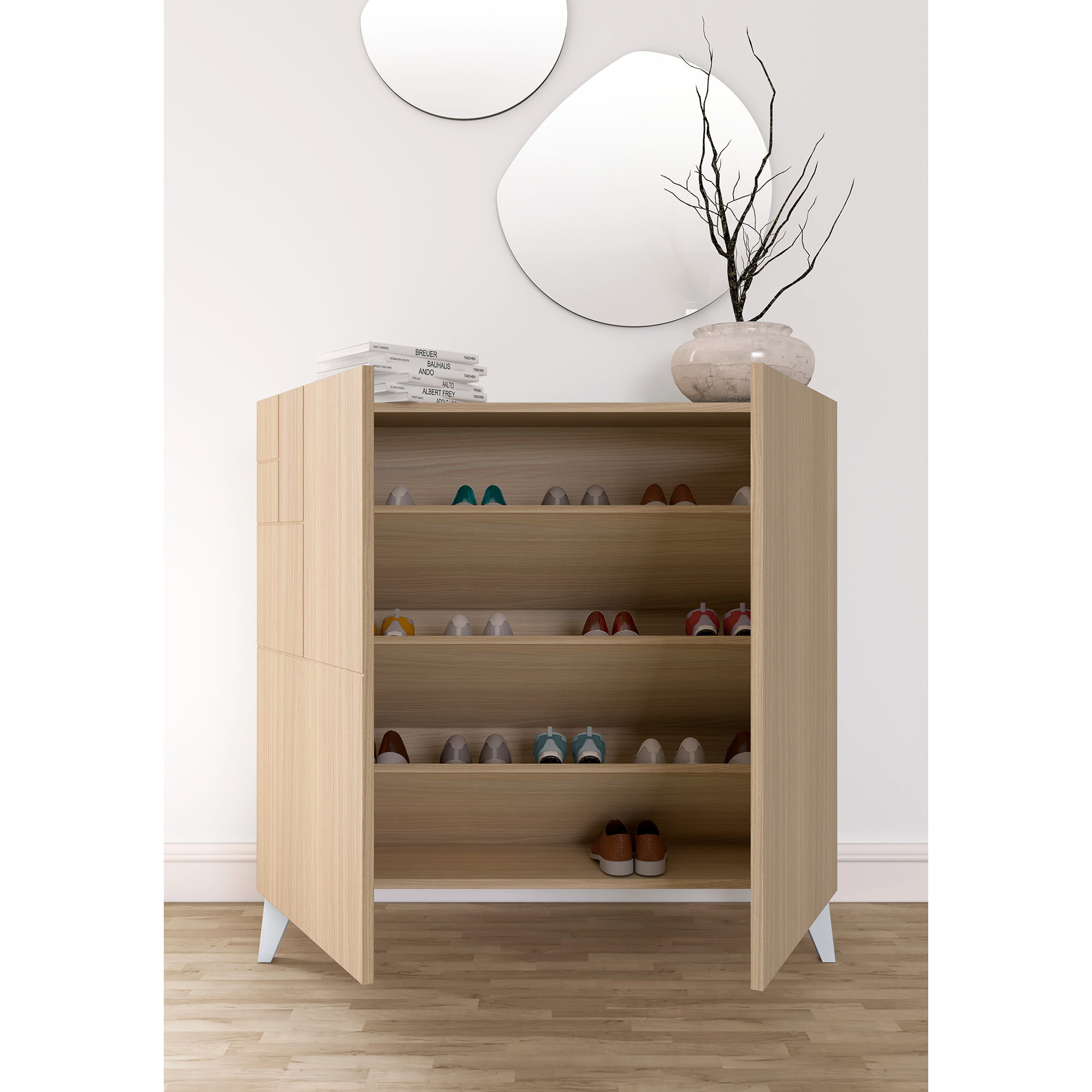 Zapatero Bergen melamina nogal claro patas blanco 87x90x27 cm