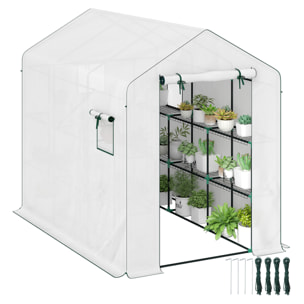 Serre de jardin 4 étagères - porte enroulable zippée, 2 fenêtres - 143 x 215 x 190 cm - acier vert PE blanc