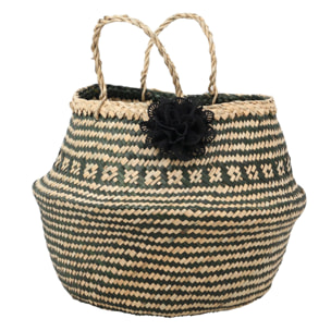 PANIER CACHE POT EN JONC DE MER NATUREL NOIR AVEC 1 FLEUR D35X45CM HANOI