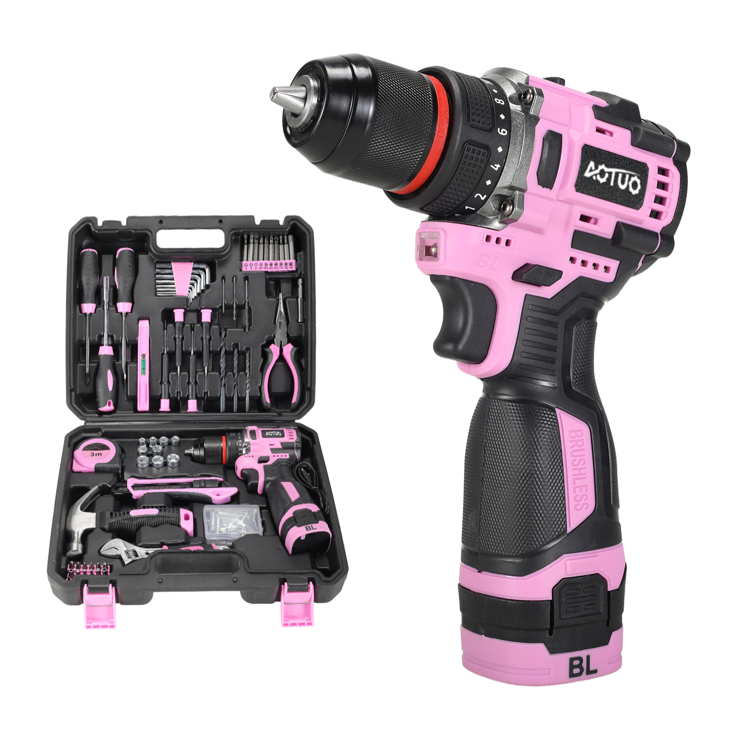 Trapano elettrico wireless da 21V con motore senza spazzole e doppia velocità, valigetta di trasporto con 65 accessori e batteria da 6000 mAh.