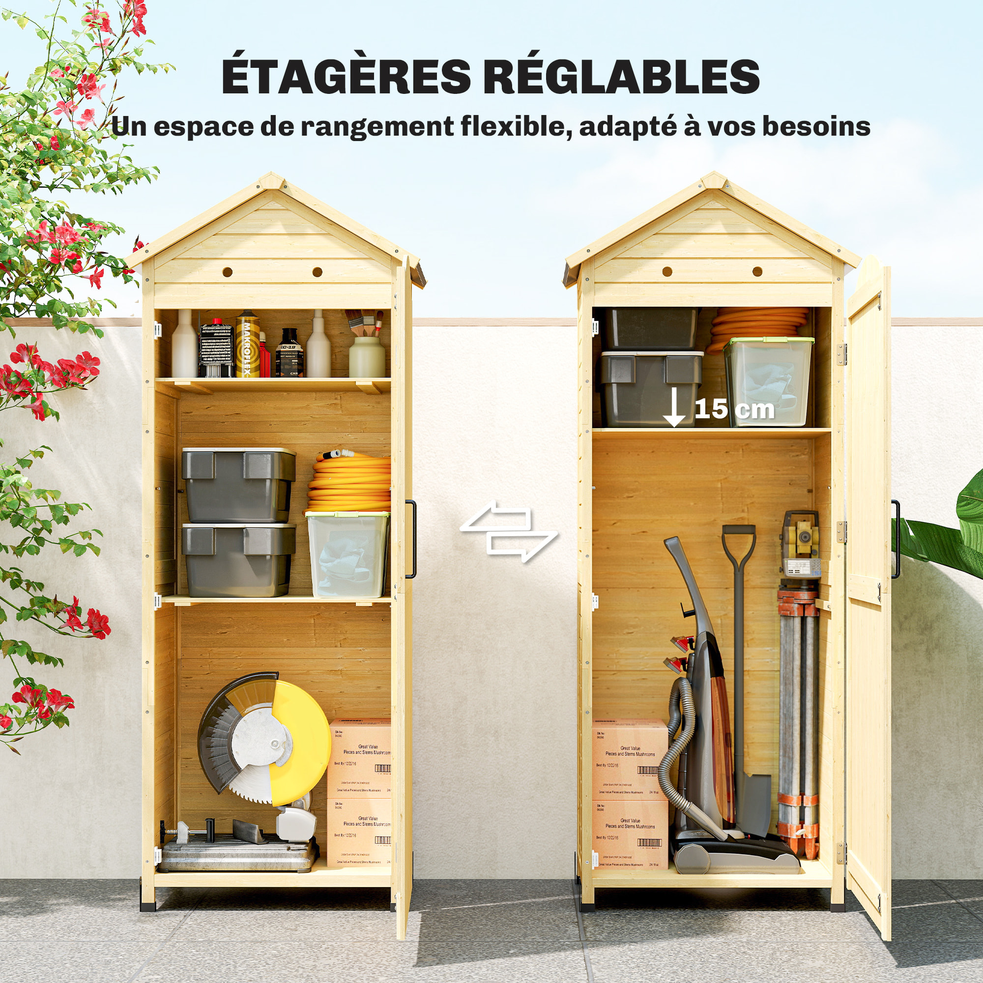 Armoire de jardin bois sur pieds H.213cm 2 étagères toit double pente métal