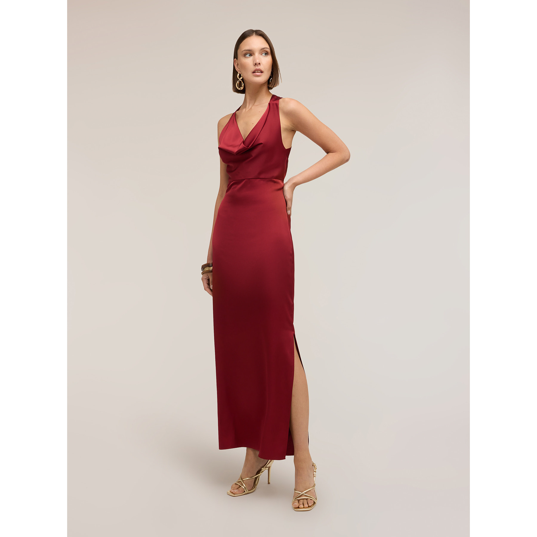 Motivi - Vestido largo de satén con drapeado - Burgundy