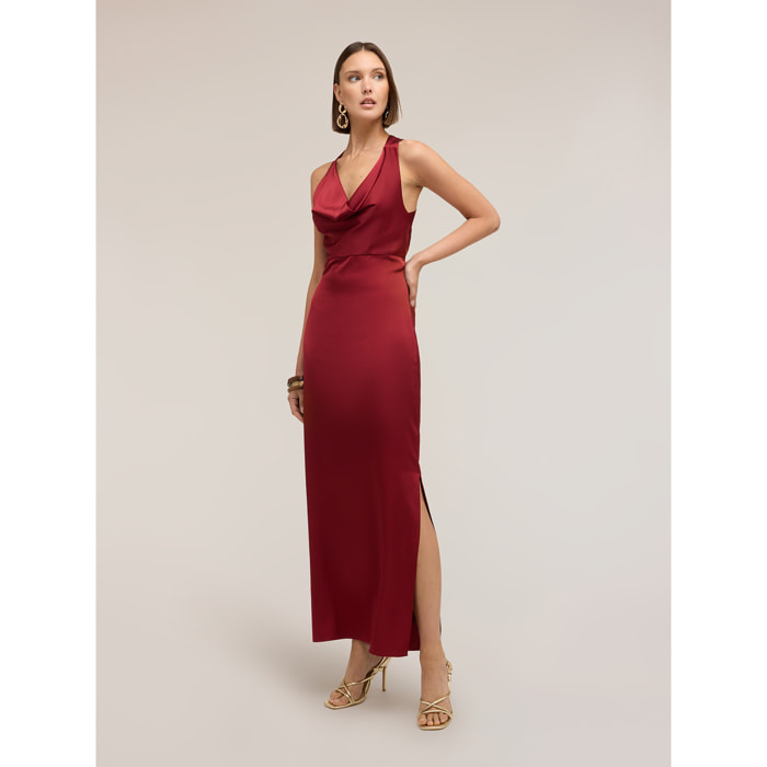 Motivi - Vestido largo de satén con drapeado - Burgundy