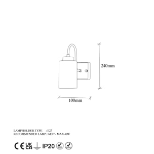 Aplique de pared, metal , negro, 10x23x24, casquillo E27 Max 40 W