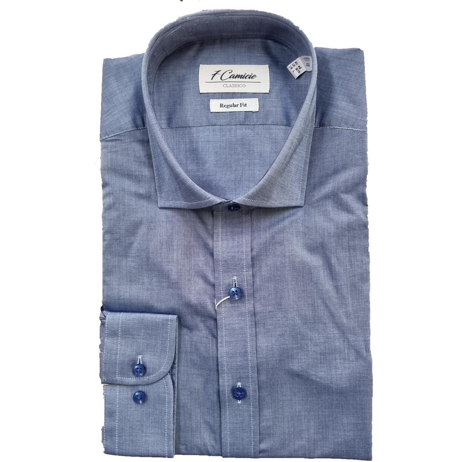 Camicia Uomo 1 Bottone Francese Cotone Stretch Unito Blu Inchiostro
