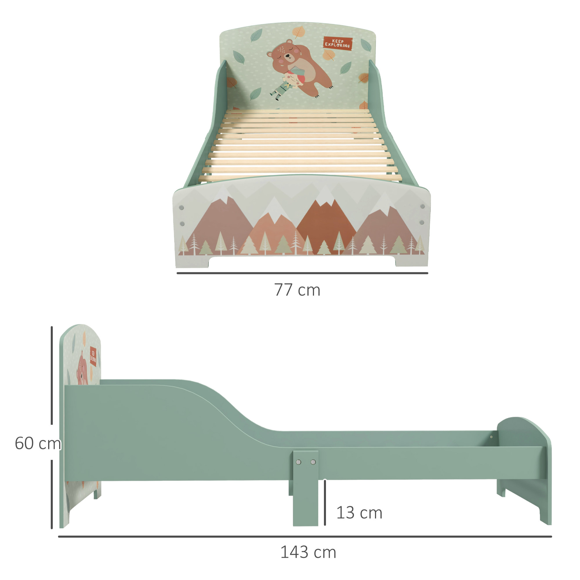 Lit pour enfant 3-6 ans design mountain adventure - sommier à lattes inclus - barrières de sécurité - vert