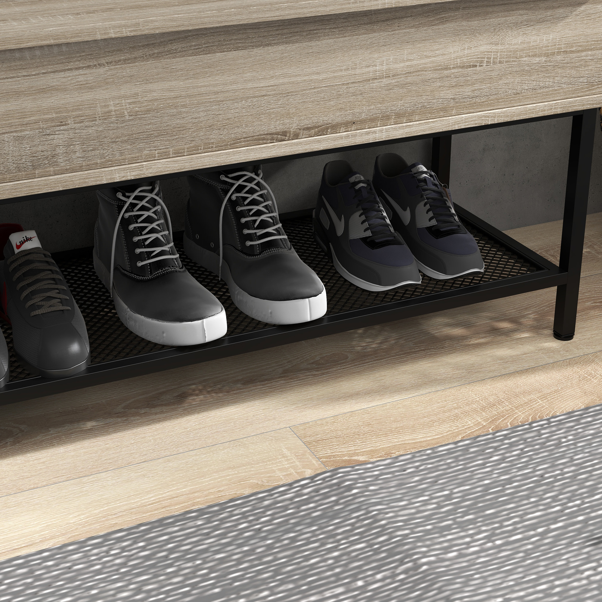 Banc à chaussures design industriel - étagère, coffre de rangement - acier noir panneaux aspect chêne clair