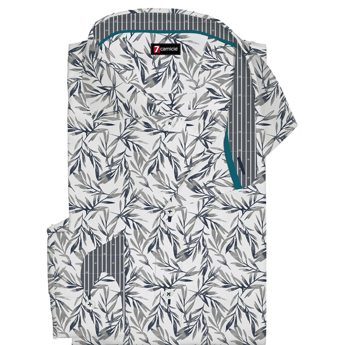Camicia Uomo 1 Bottone Francese Slim Cotone Stampato Bianco e Blu