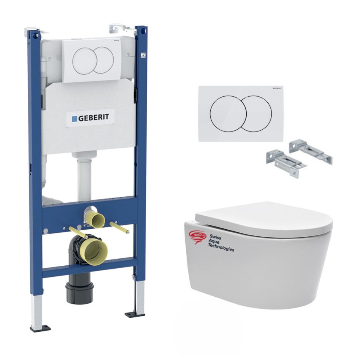 Pack Bati-support Geberit 112cm + Cuvette Swiss Aqua Technologies sans bride + Plaque blanche (SATrimlessGeb3-RT)