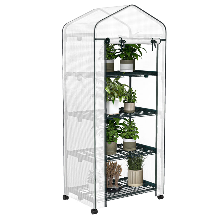 Invernadero de Exterior con 4 Estantes y Ruedas, Invernadero Pequeño con Puerta Enrollable, Marco de Acero y Cubierta de PE 140g/Ã£Å½Â¡, Anti-UV para Plantas, Macetas, Flores, 69x50x165 cm, Blanco
