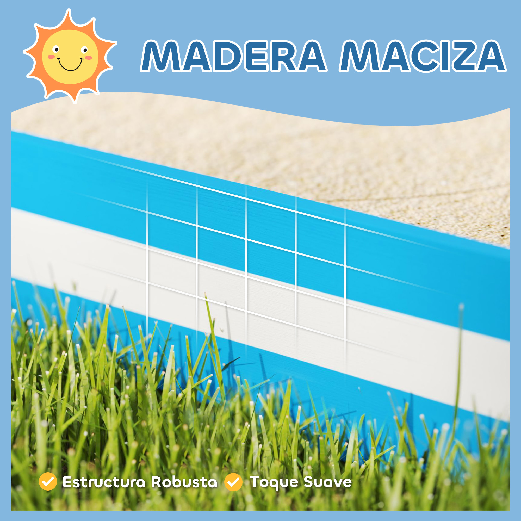 Arenero para Niños de +3 Años Arenero Infantil Cuadrada con 4 Asientos para Exterior 133x133x16 cm Azul y Blanco