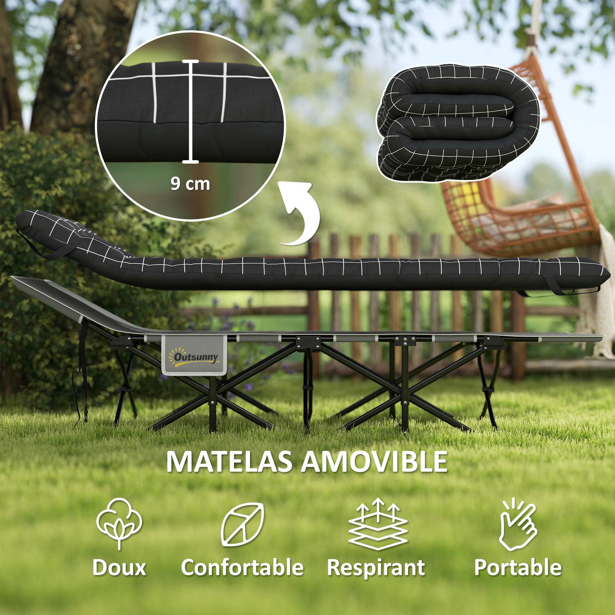 Lit de camping - pliable - matelas, pochette latérale et sac intégré - métal, tissu Oxford - 190 x 67 x 37 cm - noir