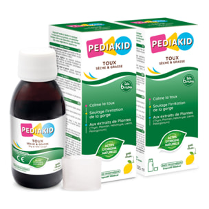 PEDIAKID - Toux Sèche & Grasse - Formule Exclusive au Sirop d'Agave - Calme la Toux - Soulage l'irritations de la Gorge - Arôme Naturel Citron - Lot de 2 flacons 125 ml