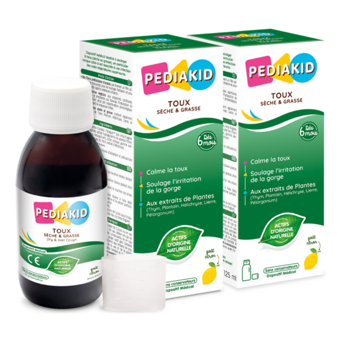 PEDIAKID - Toux Sèche & Grasse - Formule Exclusive au Sirop d'Agave - Calme la Toux - Soulage l'irritations de la Gorge - Arôme Naturel Citron - Lot de 2 flacons 125 ml
