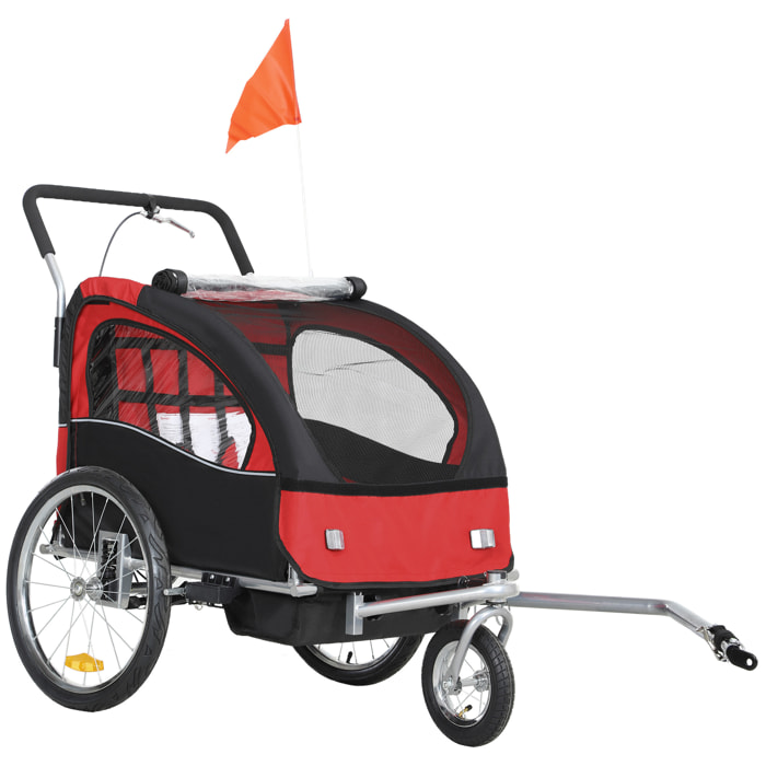 Remorque vélo jogger 2 en 1 enfant drapeau roue avant pivotante réflecteurs barre d'attelage inclus noir rouge