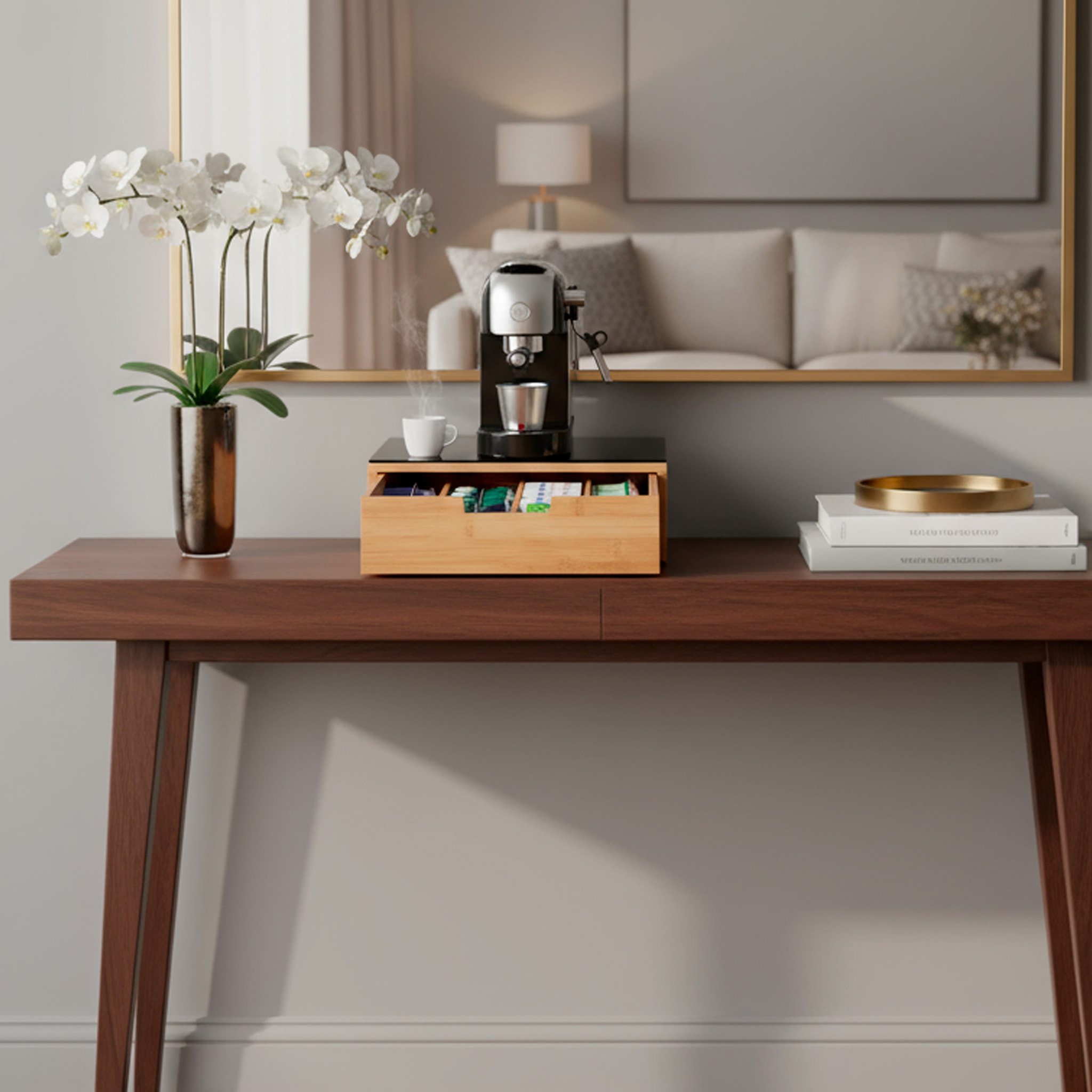 Porta Cialde In Bambù Con Cassetto 4 Scomparti R Ripiano in Vetro Organizer Capsule Caffè Cialde Bustine Tè Tisane Zucchero Design 30 x 30 x 10 Cm