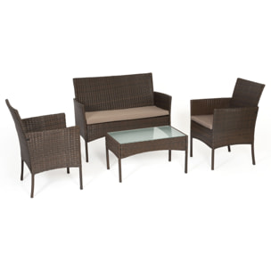 Salon de jardin CORDOUE en résine tressée marron 4 places - coussins taupe