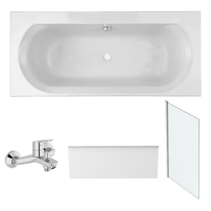 Pack baignoire 180 x 80 Elise + tablier niche + mitigeur bain douche mural Aimé chromé + pare bain chromé + vidage