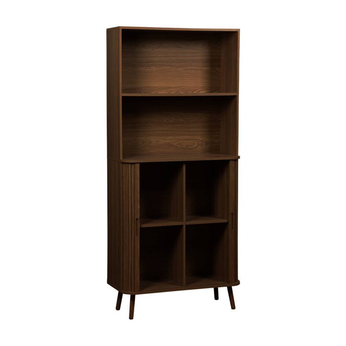 Etagère bibliothèque scandinave. 2 portes coulissantes. 4 niveaux. effet bois rainuré. L 80 x P 45 x H 180cm