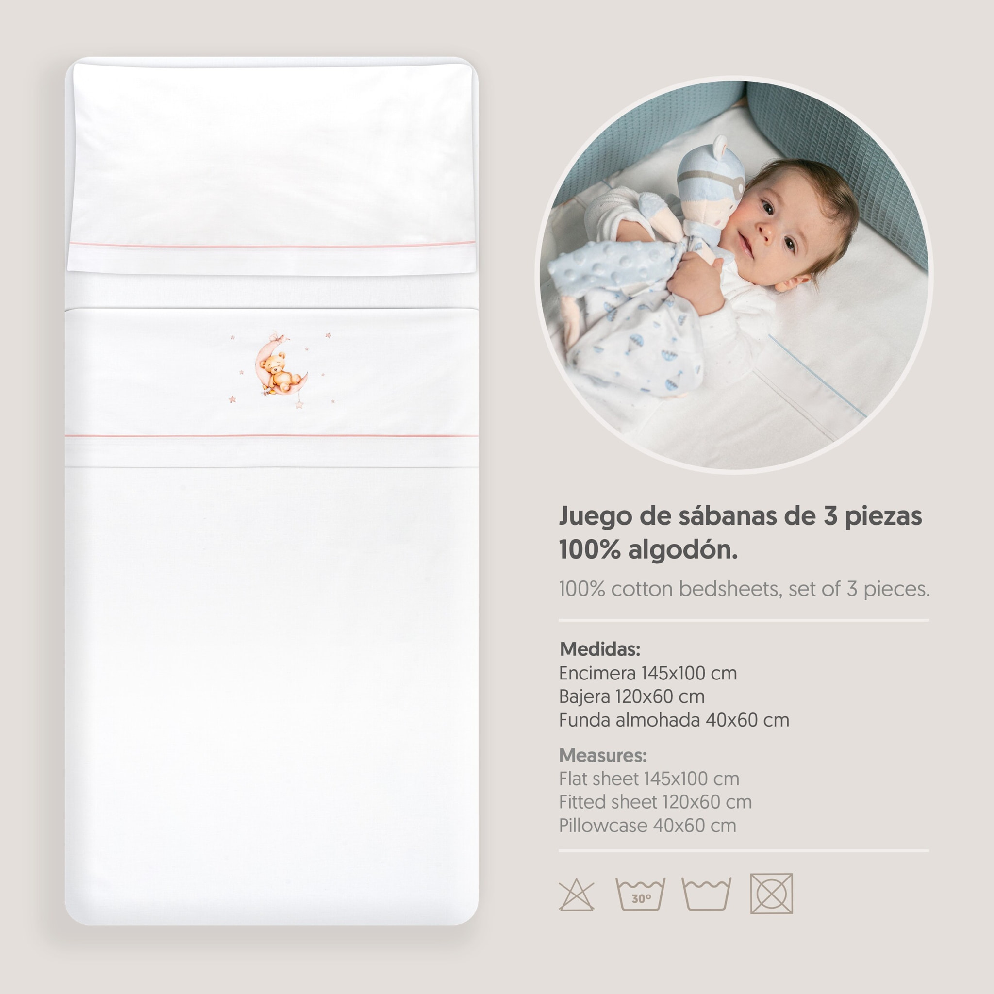 Triptico Cuna Estampado Oso Luna Estrellas + Broche Bco/Rosa