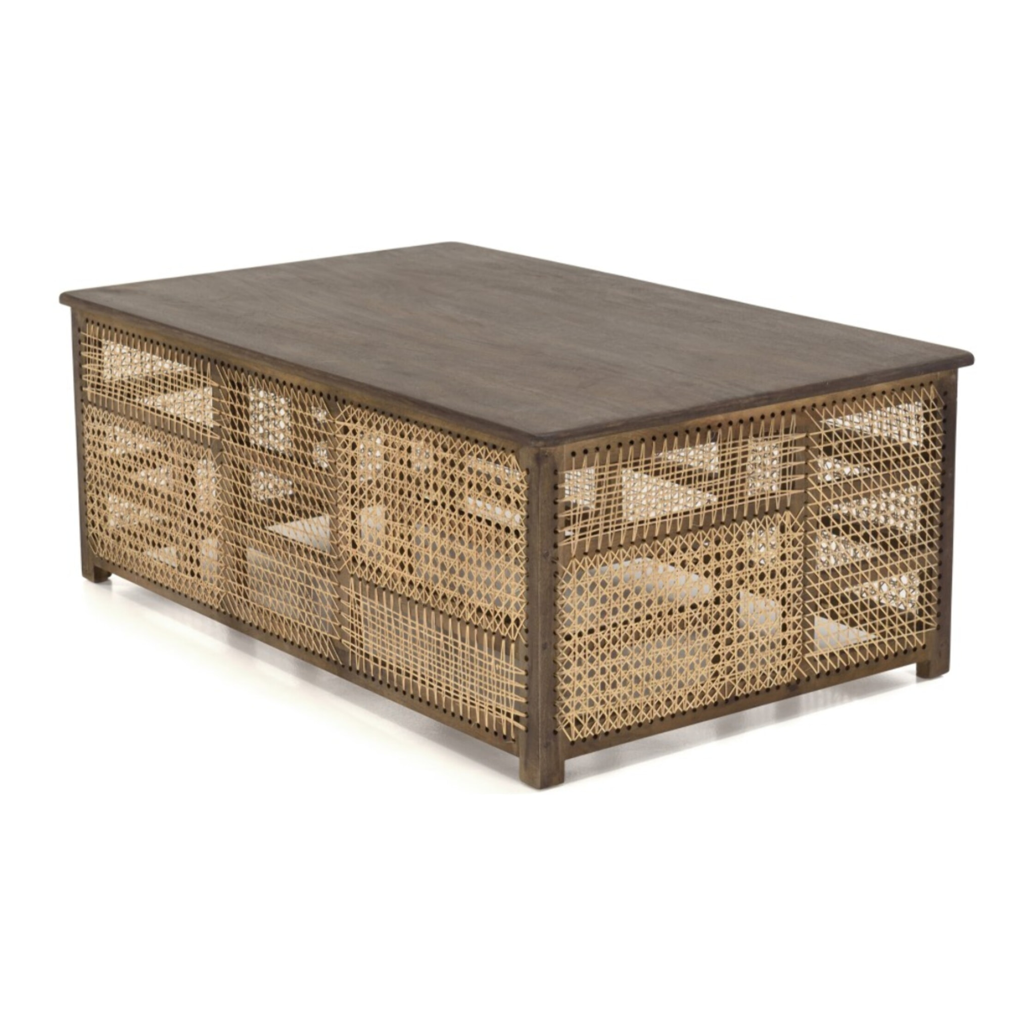 ISA - Table basse en bois de manguier foncé, patchwork cannage naturel