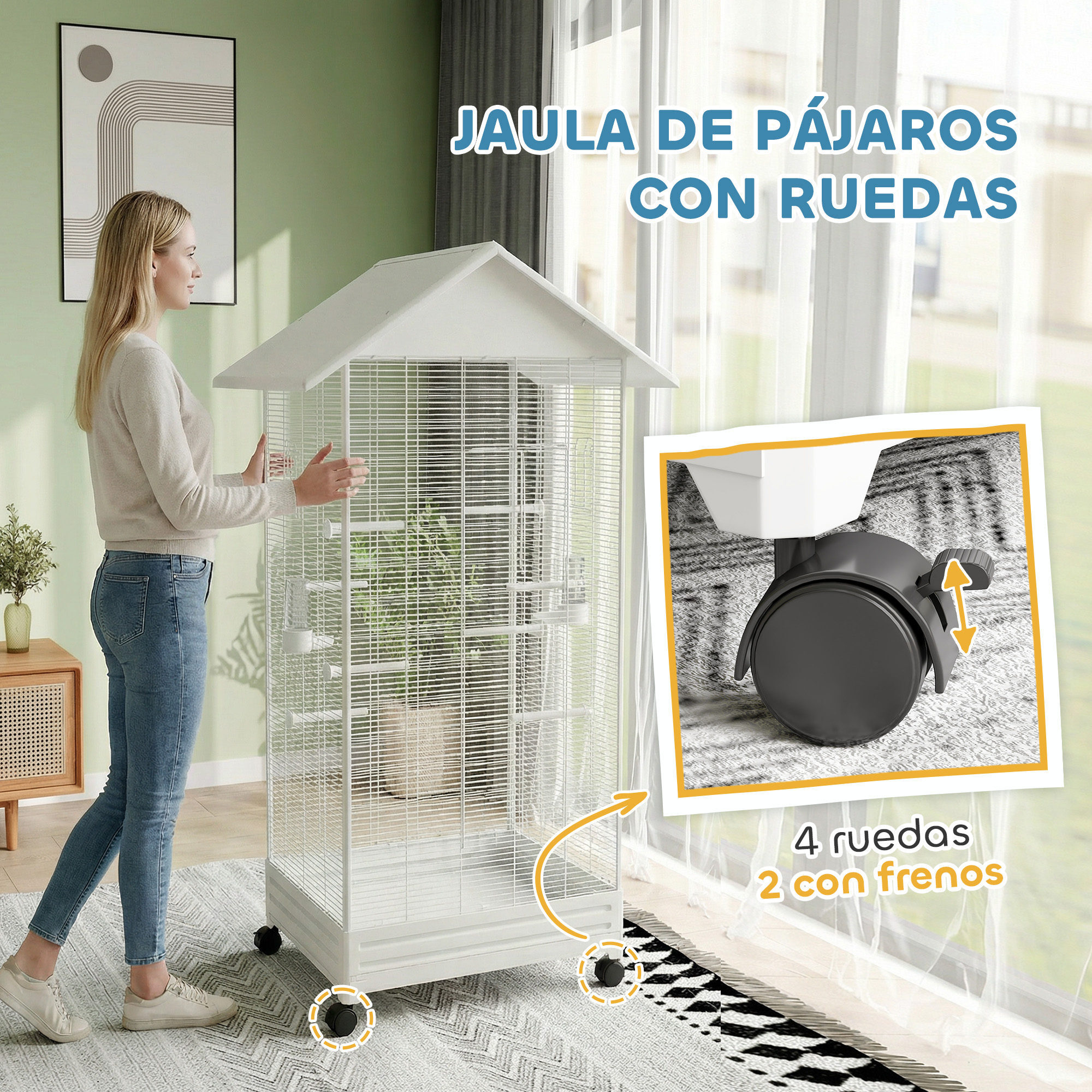 Jaula para Pájaros con Ruedas, 79x65x155 cm, Jaula Grande con 2 Comederos, 8 Perchas, 4 Puertas y Bandeja Extraíble, Diseño del Techo, Pajarera para Pinzones y Canarios, Blanco