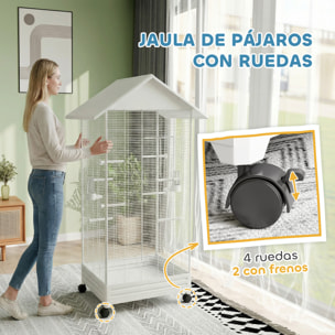 Jaula para Pájaros con Ruedas, 79x65x155 cm, Jaula Grande con 2 Comederos, 8 Perchas, 4 Puertas y Bandeja Extraíble, Diseño del Techo, Pajarera para Pinzones y Canarios, Blanco