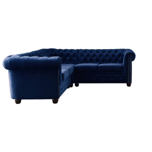 William - canapé Chesterfield d'angle réversible - 5 places - en velours - Bleu nuit