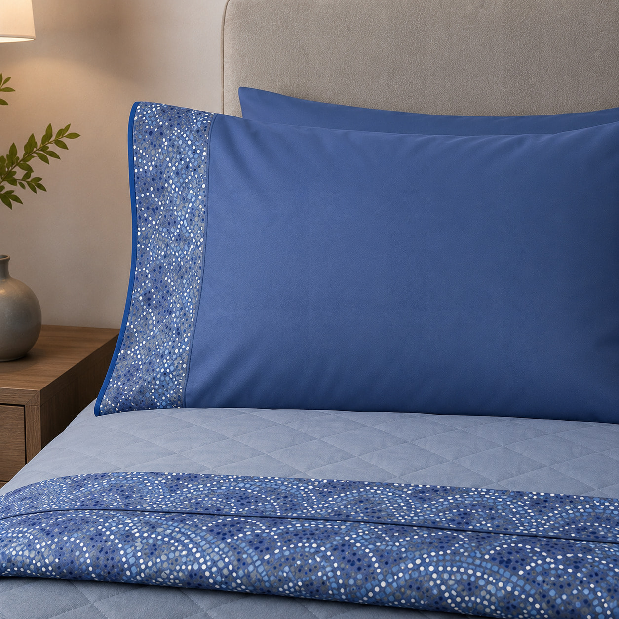 BASSETTI Completo letto in cotone Made in Italy_Matrimoniale_Mosaico Blu