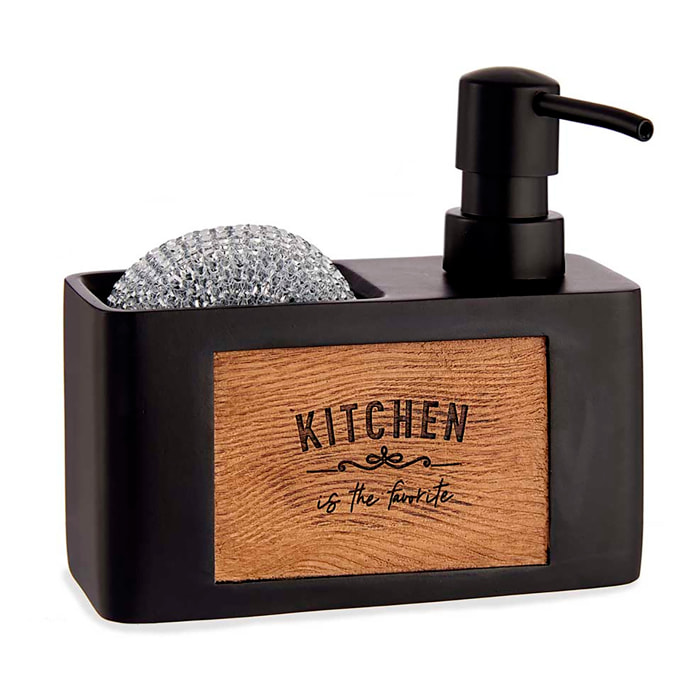 Dispensador negro con compartimento para estropajo. Grabado de madera diseño "Kitchen". Incluye estropajo.