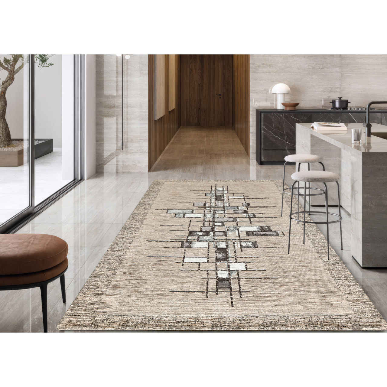 Tappeto Jacquard Ideale Cucina Ingresso Made In Italy Antiscivolo, Lavabile, Morbido Disegno Pixel Tortora By Suardi