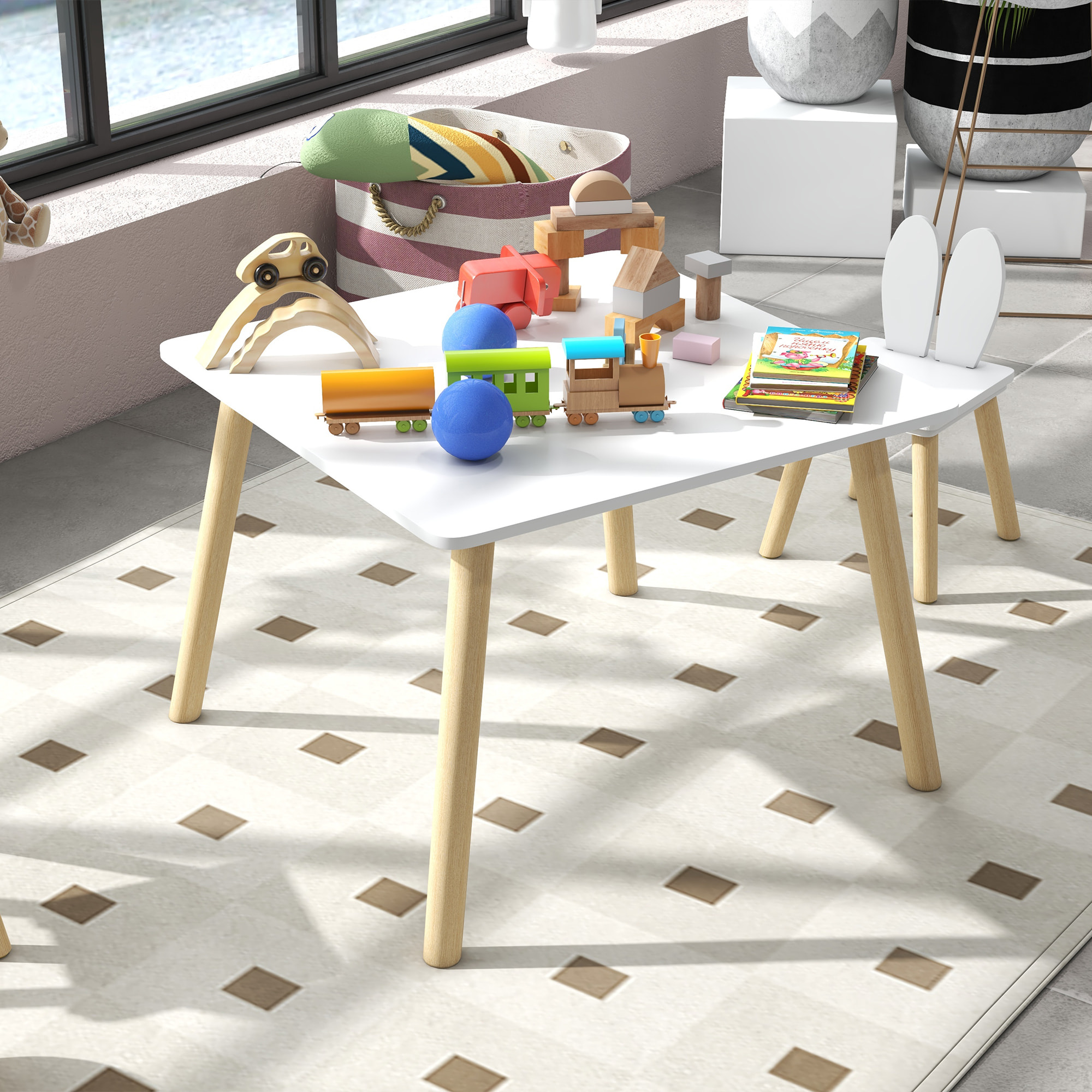 Juego de Mesa y 2 Sillas Infantiles Mesa Infantil con Sillas Respaldos con Orejas de Conejo Mesa Infantil para Guardería Sala de Juegos Blanco