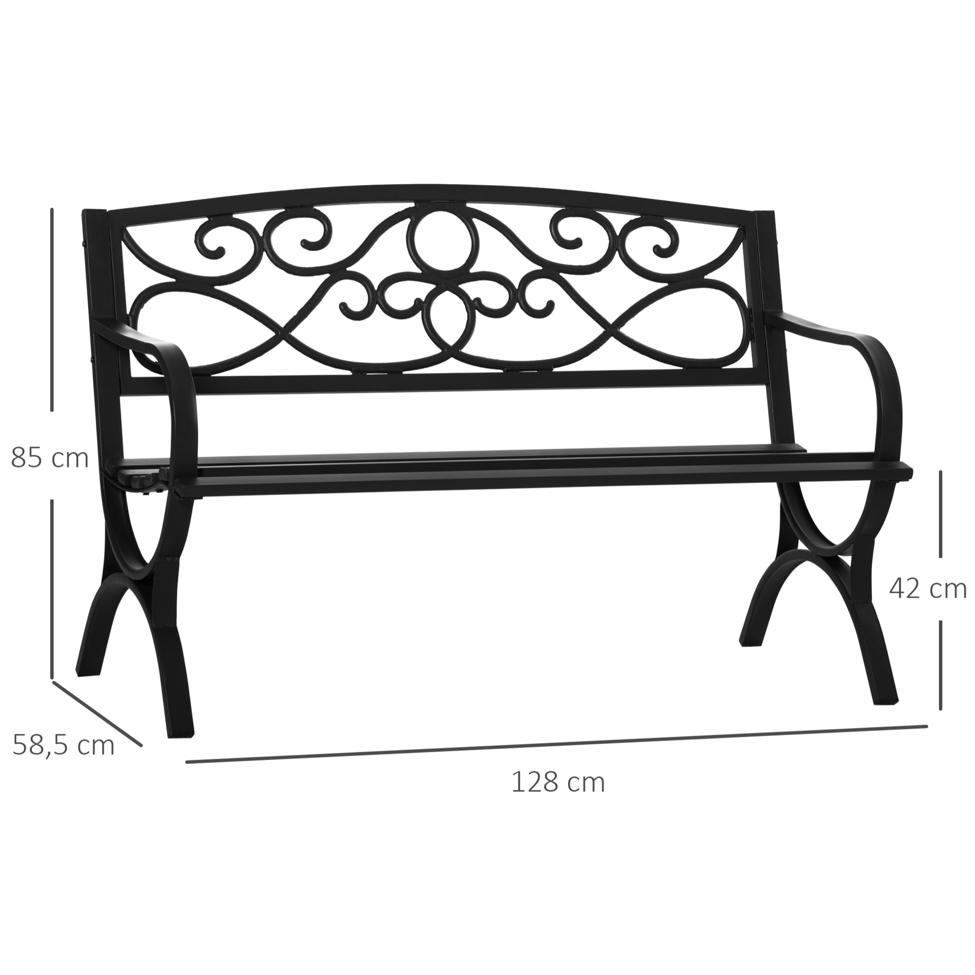 Banco de Jardín de 2 Plazas con Respaldo y Reposabrazos Estilo Vintage para Terraza Balcón Patio Exterior Carga 240 kg Hierro Fundido y Acero 128x58,5x85 cm Negro