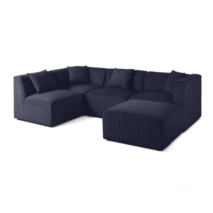 Nova - canapé modulable d'angle gauche - 5 places - avec pouf d'appoint - en velours - Bleu marine