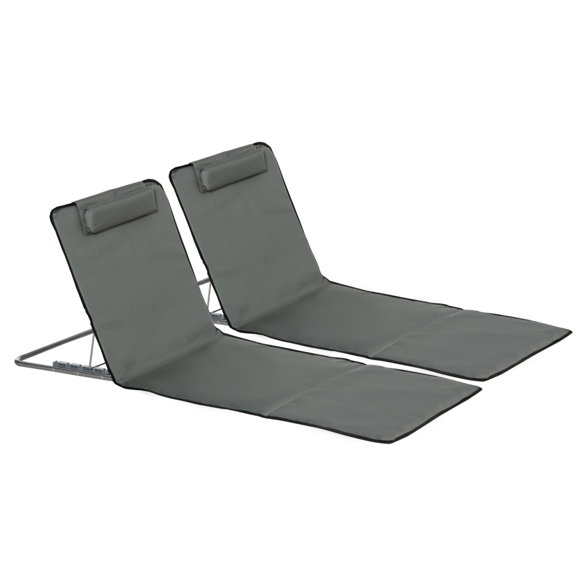 Lot de 2 tapis de plage rembourrés - dossier inclinable 5 positions - sac transport inclus - acier polyester gris