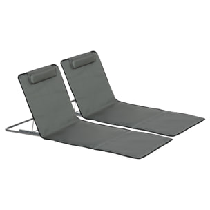 Lot de 2 tapis de plage rembourrés - dossier inclinable 5 positions - sac transport inclus - acier polyester gris