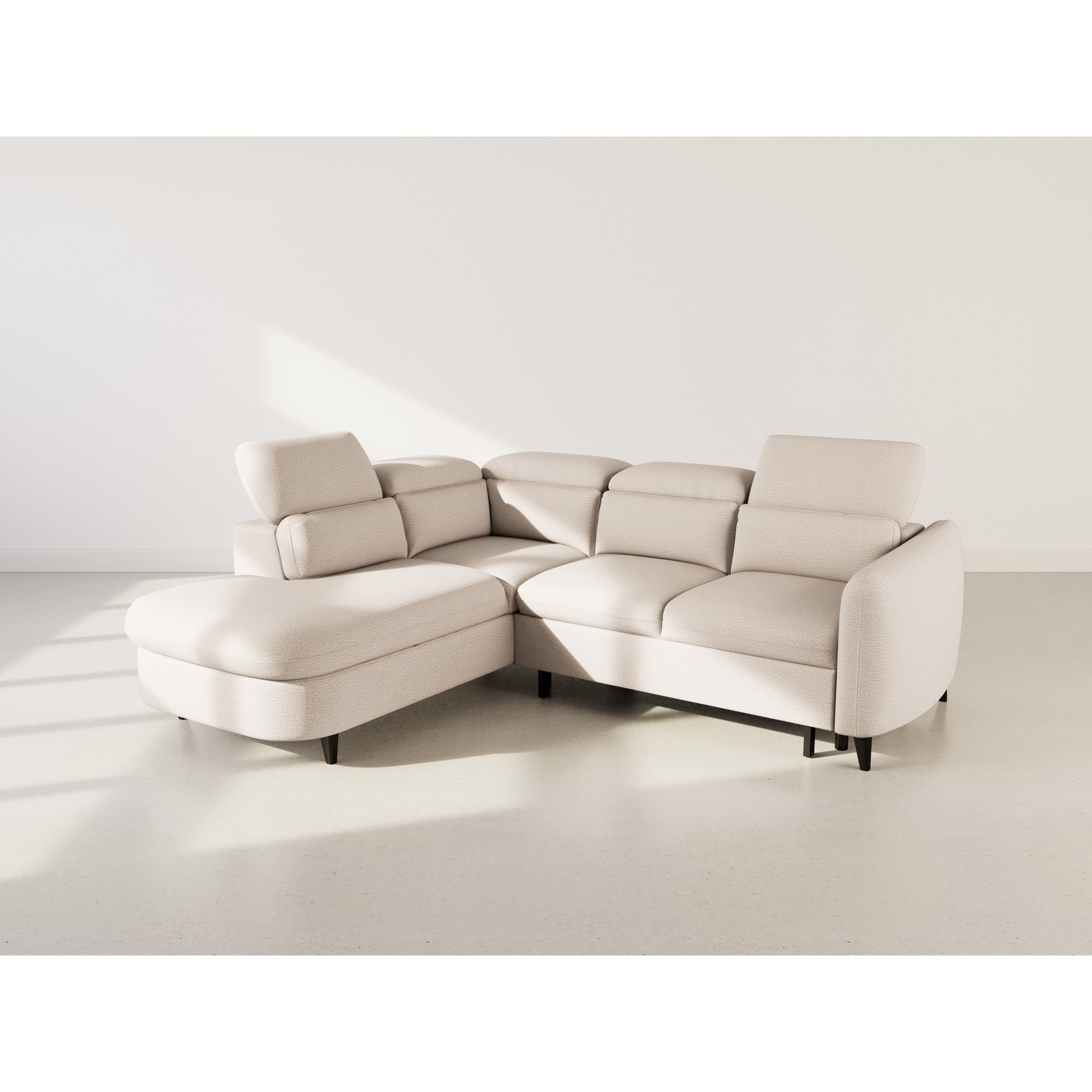 Opaline - Canapé d'angle gauche 5 places convertible avec têtières et coffre en tissu texturé - Beige