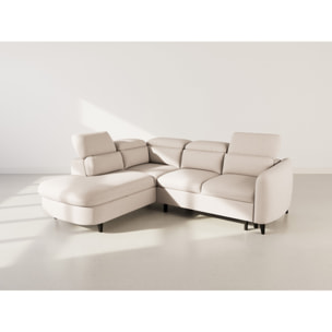 Opaline - Canapé d'angle gauche 5 places convertible avec têtières et coffre en tissu texturé - Beige