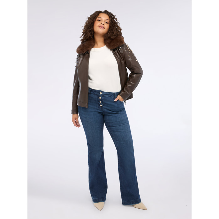 Fiorella Rubino - Chaqueta biker con puntos de luz y cuello de peluche - Marrón