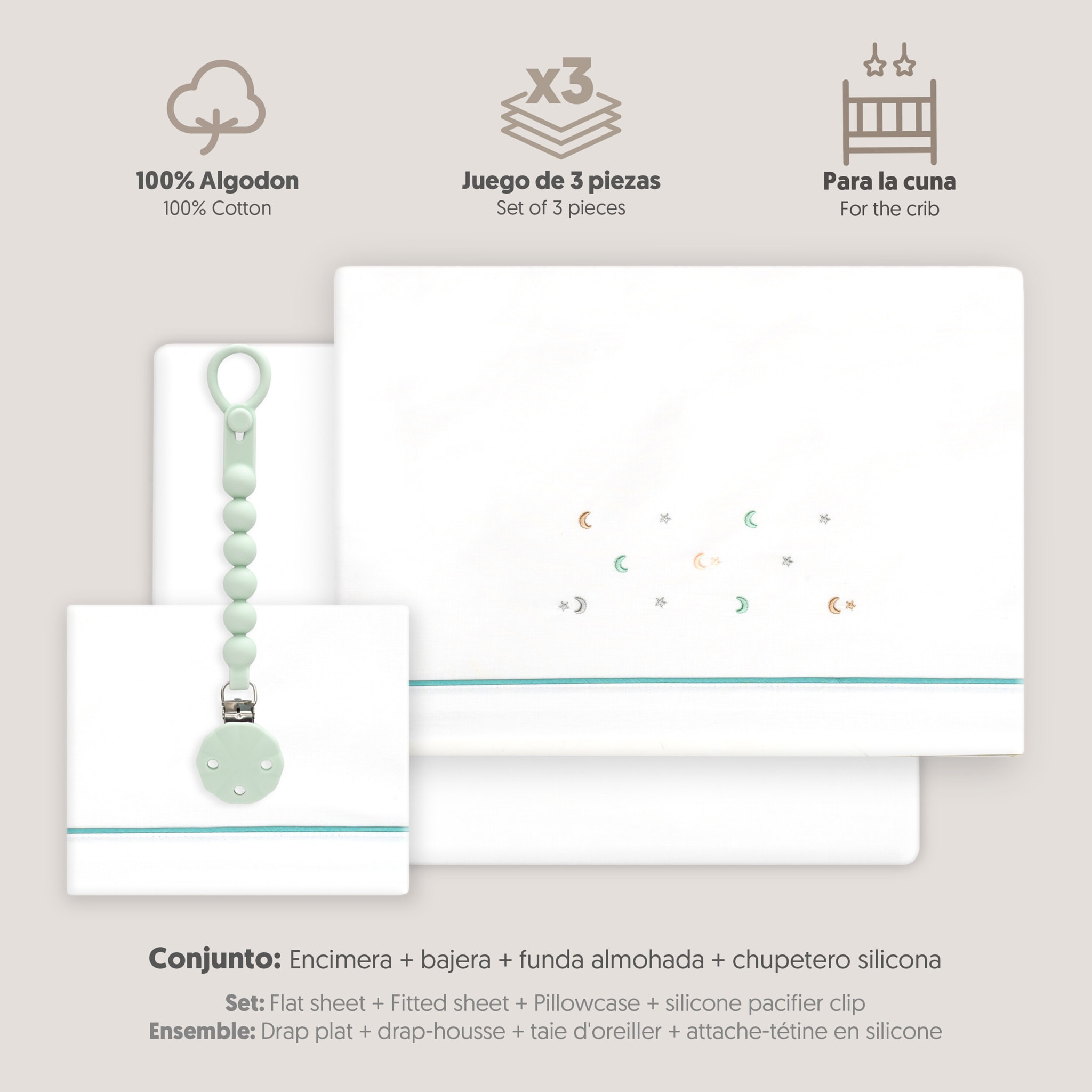 Triptico Cuna Estrella Luna Multicolor + Broche Bco/Verde