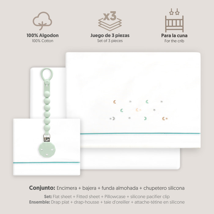 Triptico Cuna Estrella Luna Multicolor + Broche Bco/Verde