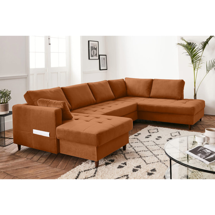 Anna - canapé panoramique d'angle droit - 7 places - convertible avec coffre - en velours - Rouille