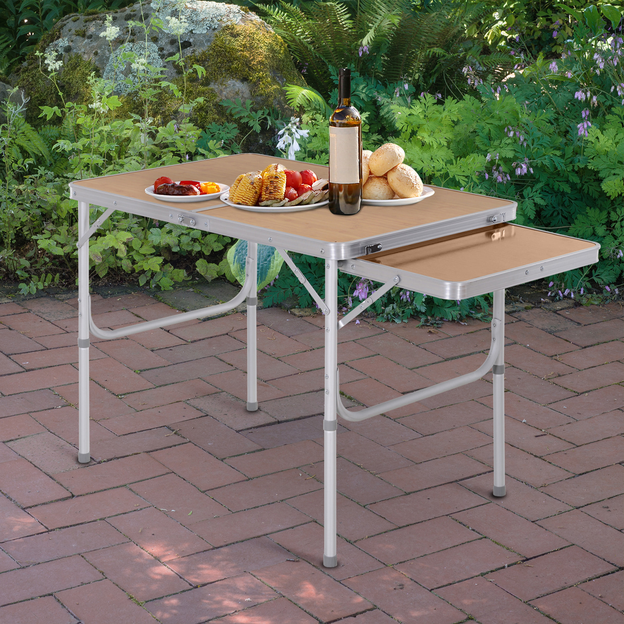 Table pliante table de camping table de jardin avec rallonge hauteur réglable aluminium MDF imitation bambou