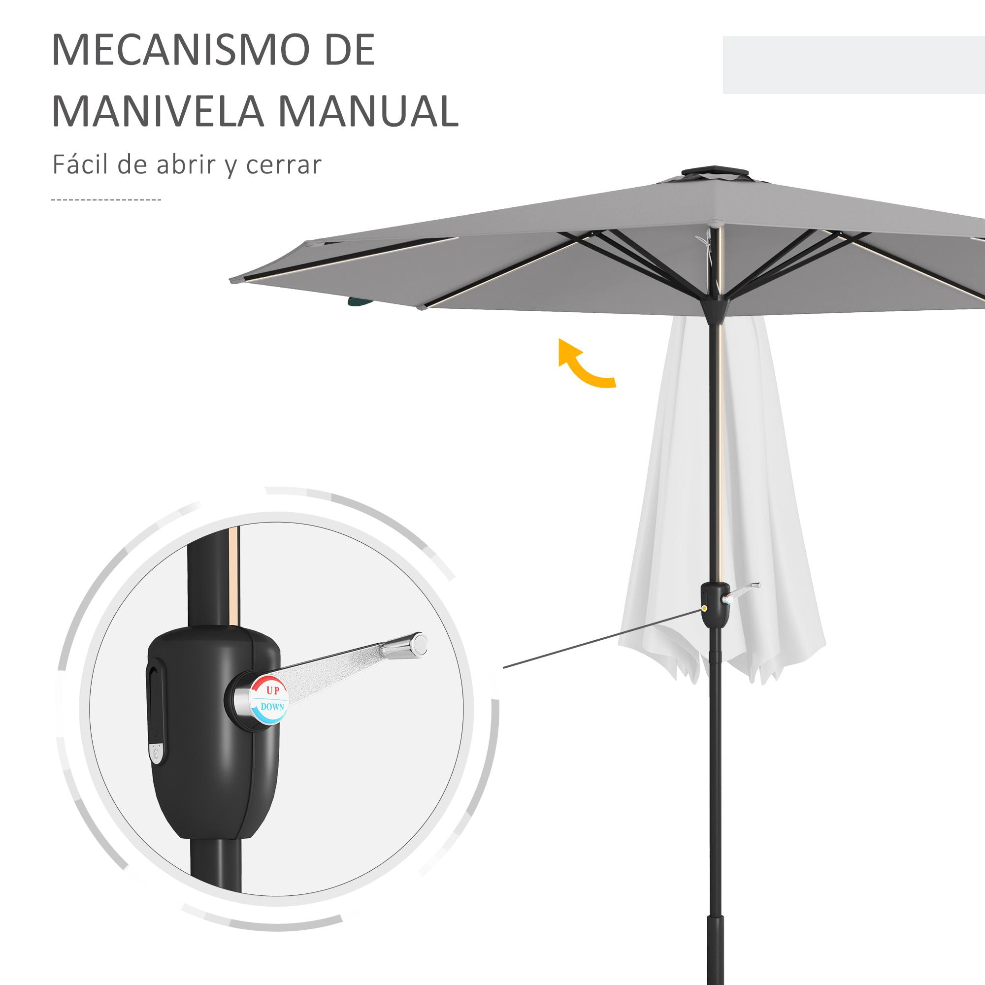 Sombrilla de Jardín Ø265x240 cm Parasol de Terraza con Luces LED Solares Manivela e Impermeable para Piscina Patio Gris Claro