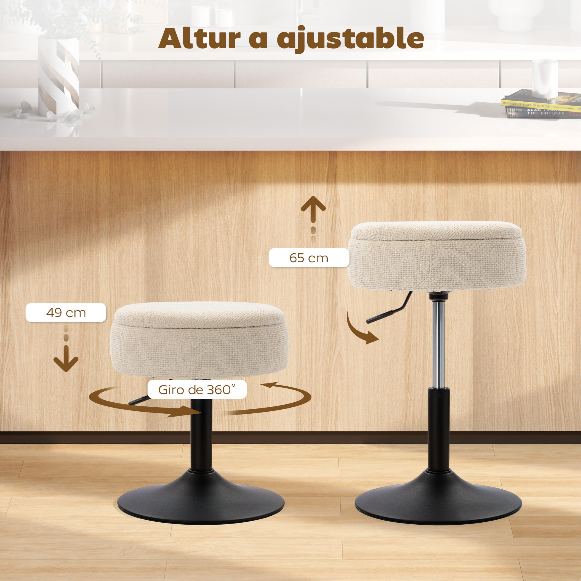 Taburete de Bar con Almacenaje, Altura Ajustable, Taburete de Cocina Redondo, Giratorio, Tapizado en Chenilla, Base de Acero, Diseño Botones, Acolchado, para Salón, Comedor, Oficina, Beige