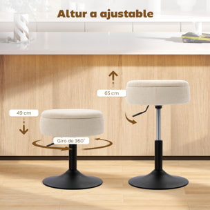 Taburete de Bar con Almacenaje, Altura Ajustable, Taburete de Cocina Redondo, Giratorio, Tapizado en Chenilla, Base de Acero, Diseño Botones, Acolchado, para Salón, Comedor, Oficina, Beige